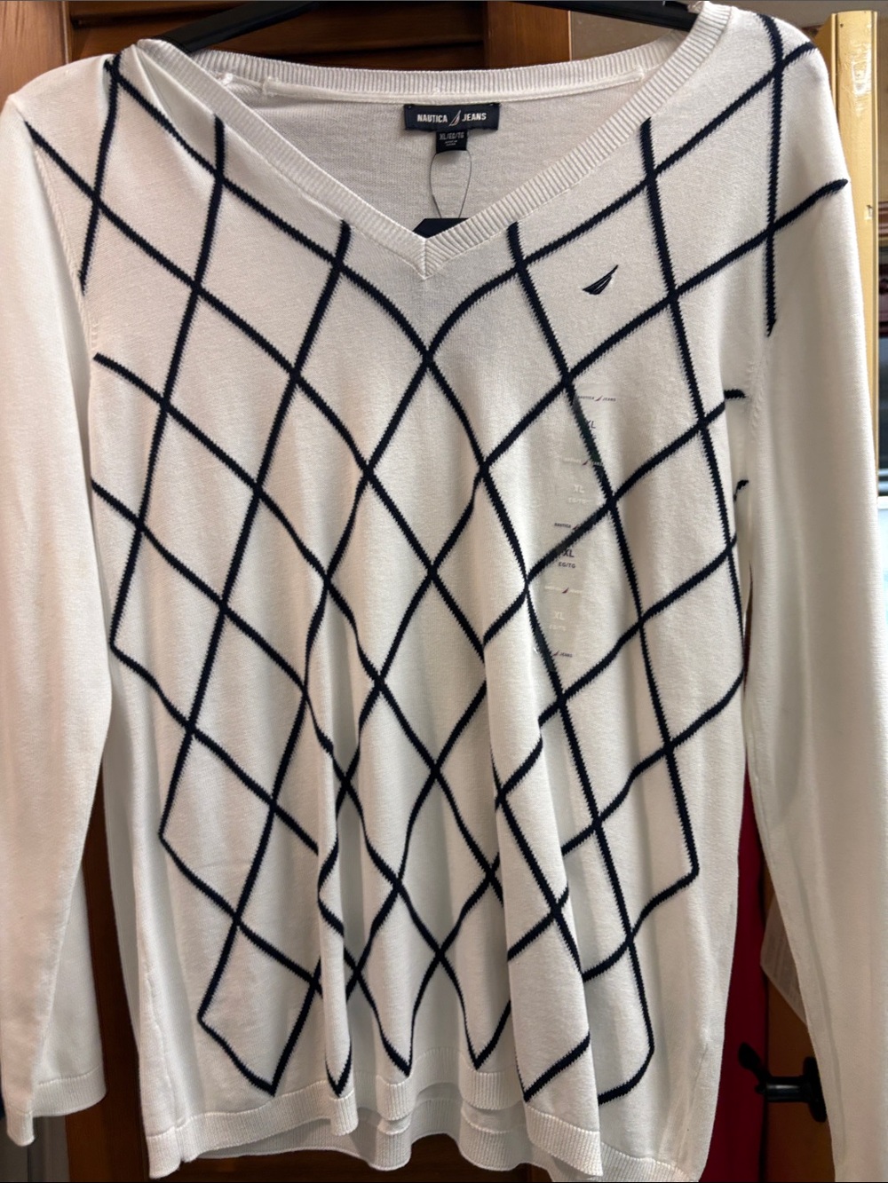 Nautica White V-Neck Sweater with Navy Argyle Grid